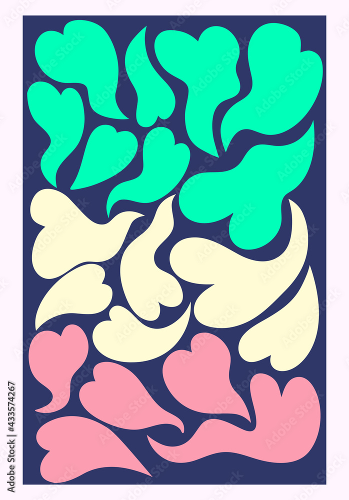 Fototapeta premium vintage vector interior poster in hippie style.70s and 60s funky and groove postcard.Psychedelic pattern with love heart.Abstract shapes for wallpaper and back.Acid stains.Valentine print for postcard