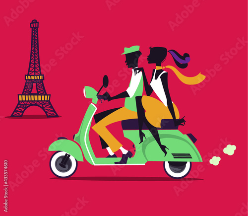 Romantic couple silhouettes on a scooter with Eiffel Tower in the background