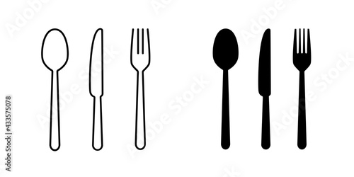 Fork, spoon and knife for eat in restaurant. Kitchen tools icon set. Vector stock illustration isolated on white background