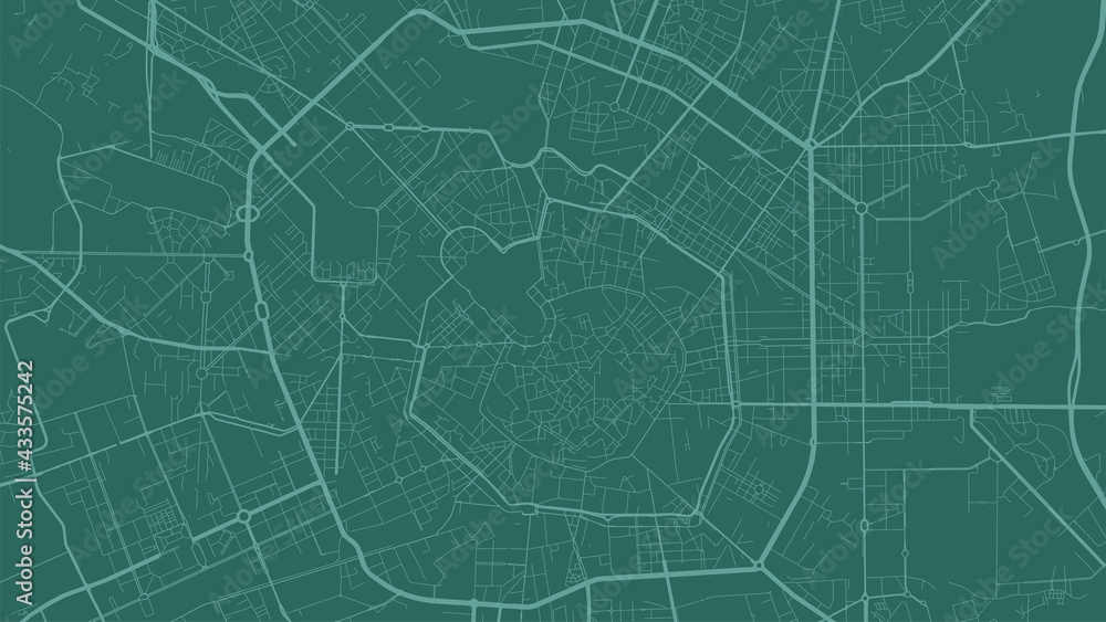 Green Milan city area vector background map, streets and water cartography illustration.