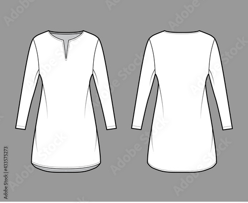 Dress tunic technical fashion illustration with long sleeves, oversized body, mini length skirt, slashed neck. Flat apparel front, back, white color style. Women, men unisex CAD mockup