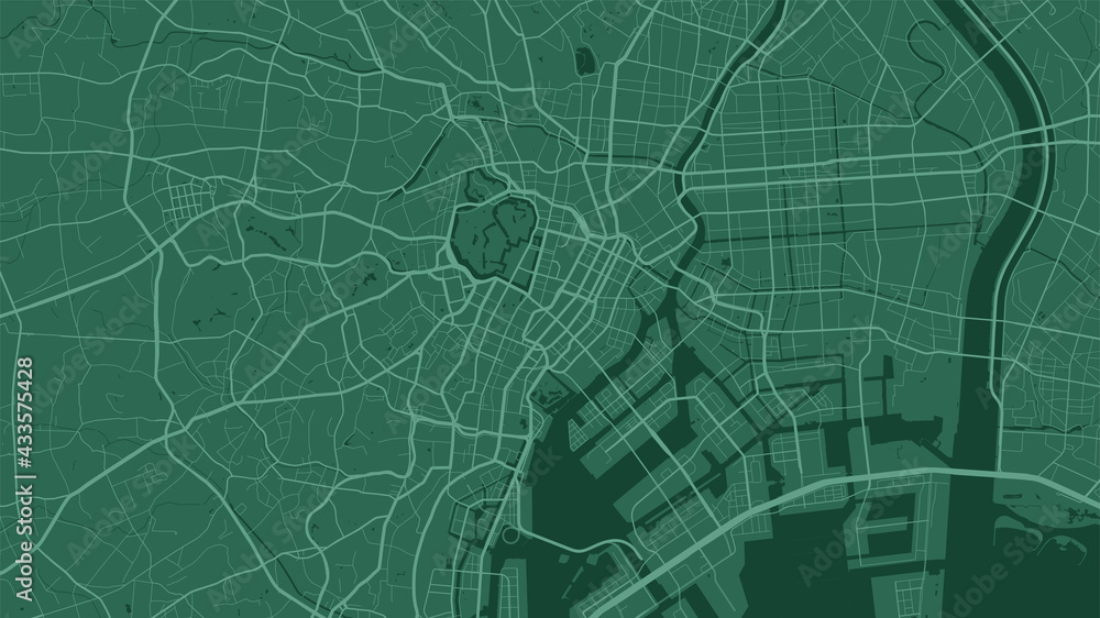 Dark green Tokyo city area vector background map, streets and water cartography illustration.