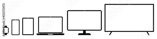 snvi2 SetNewVectorIllustration snvi - set technology devices with empty display . smartwatch, smartphone, tablet, laptop, computer, smart tv - simple mock up - vector graphic . AI10 / EPS10 . g10546