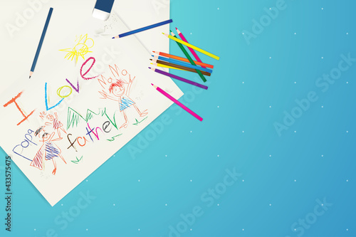 Happy father's day  top view artwork, children's use crayon colored pencil drawing message to their father how deep is them love father, realistic vector illustration