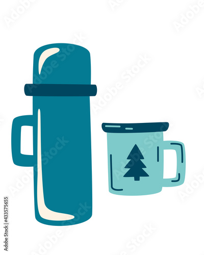 Camping thermos and enameled mug. Travel set with thermos. Take away coffee or tea. Winter or camping traditional warming drink. Hiking hot beverage or tea flask icons. Flat vector illustration.