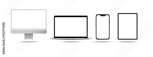 Set of Devices screen -computer monitor, laptop, smartphone, tablet . Device screen mockup 2021. Vector isolated on white background.Device Icons.Realistic devices mockup set