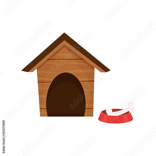 Funny doghouse, wooden kennel in cartoon style isolated on white background. Comic childish construction with roof and bowl with bone