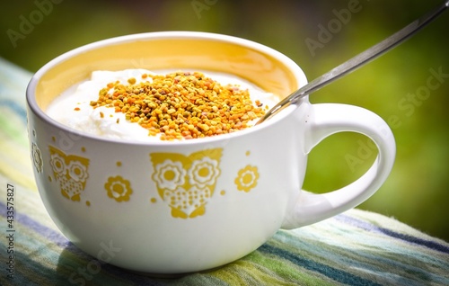 A bowl full of yogurt and bee pollen for a healthy breakfast 