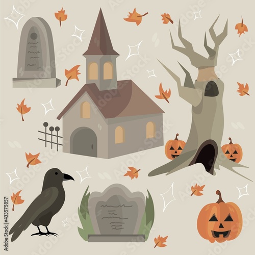 hurch in a hollow with gravestones, a crow, a tree and a pumpkin. Mystical set. Vector illustrations for games, books and other designs. Halloween. Sleepy. Cartoon style.