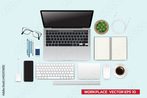 Realistic workspace elements, workplace with elements on desk top view, Modern Technology working Place, plant, glasses, cup of coffee, smartphone,laptop,drawing item vector graphic.