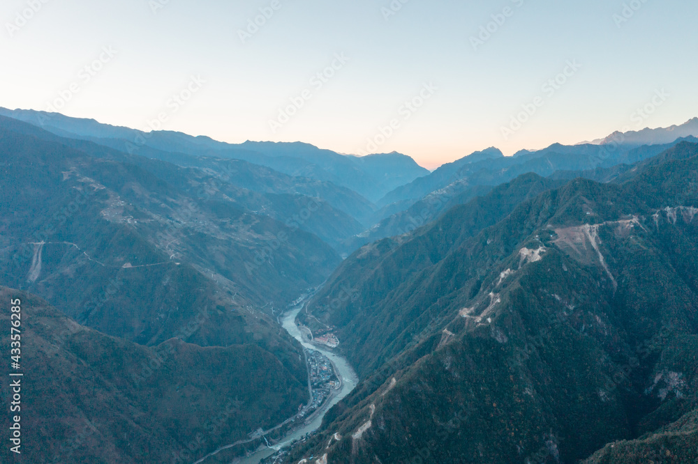 aerial view of river in mountians