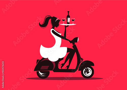 Waitress Silhouette delivering a wine bottle on a  scooter