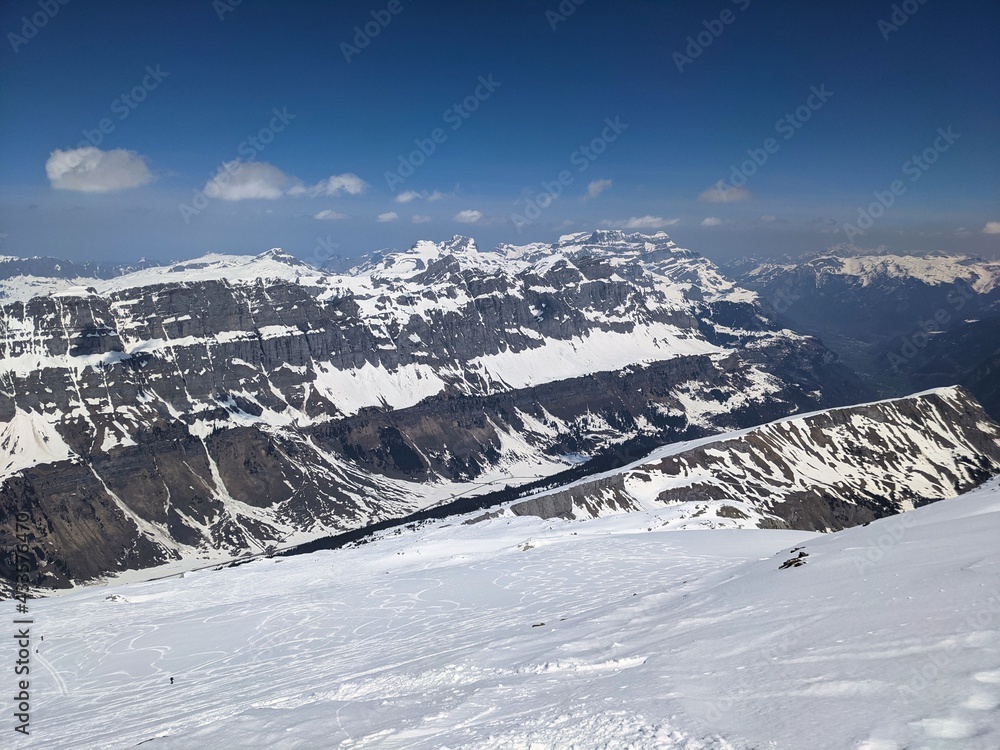 ski mountaineering swiss mountains with a fantastic view of the snowy mountains. Urnerboden piz russein ski freeride