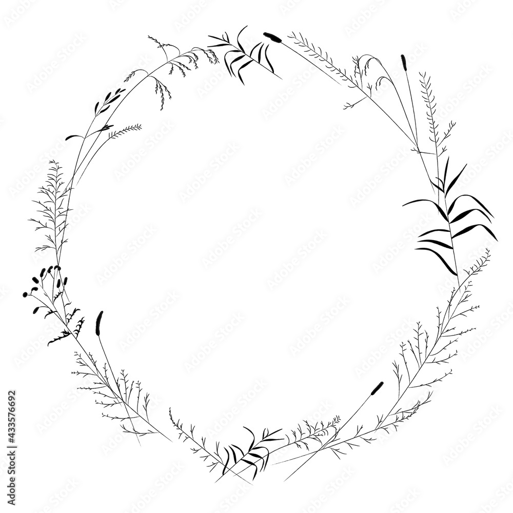 A wreath of plants of meadows and fields, the black contour of nature herbs. Template for a postcard, a beautiful composition for design.