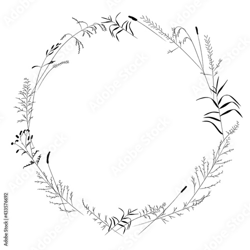 A wreath of plants of meadows and fields  the black contour of nature herbs. Template for a postcard  a beautiful composition for design.