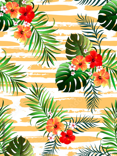 Tropical pattern with hibiscus, palm leaves. Summer vector background for fabric, cover,print design. © Logunova Elena