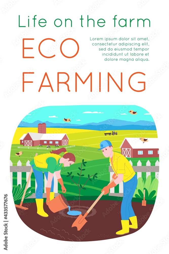 Farm and agriculture village poster. Rural landscape with field, grass, flowers, farmer worker. Eco clean area with blue sky, mountains and clouds. Vector flat illustration for banner or postcard.