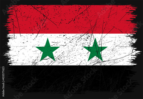 Creative grunge flag of Syria country. Happy independence day of Syria. Brush flag on shiny black background