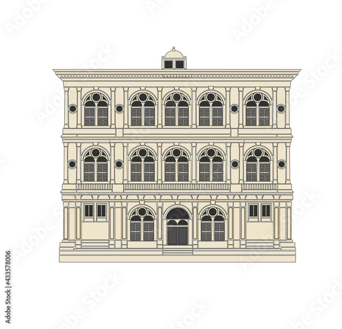 DRAWING OF HISTORICAL BUILDINGS OF VENICE, ANCIENT ITALIAN ARCHITECTURE IN GOTHIC AND NEOCLASSIC STYLE