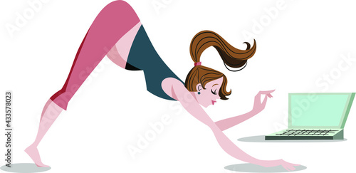 vector illustration - online yoga class - pregnant woman doing prenatal yoga exercise