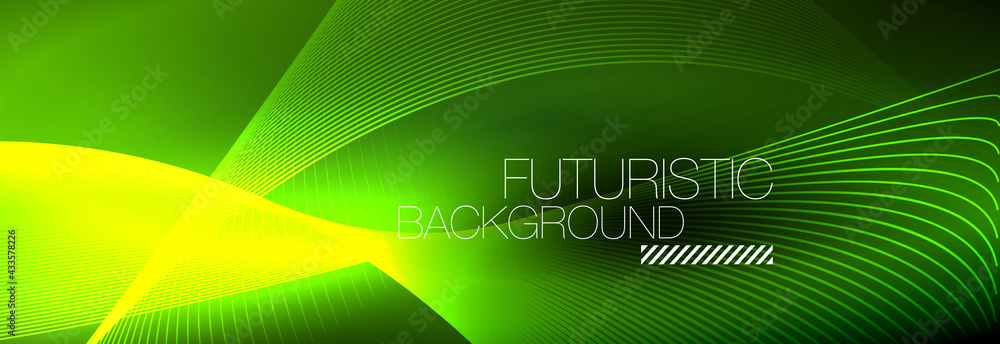Abstract neon glowing light in the dark with waves. Shiny magic energy and motion concept, vector abstract wallpaper background Abstract neon glowing light in the dark with waves. Shiny magic energy and motion concept, vector abstract wallpaper background