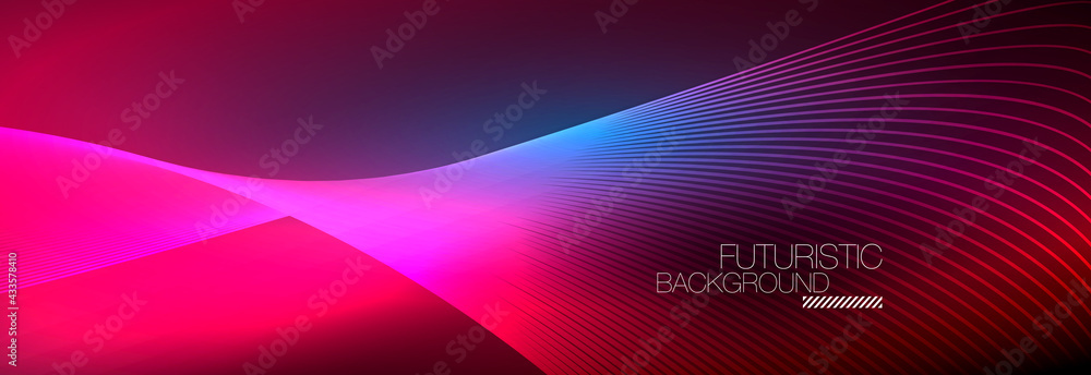 Abstract neon glowing light in the dark with waves. Shiny magic energy and motion concept, vector abstract wallpaper background Abstract neon glowing light in the dark with waves. Shiny magic energy and motion concept, vector abstract wallpaper background