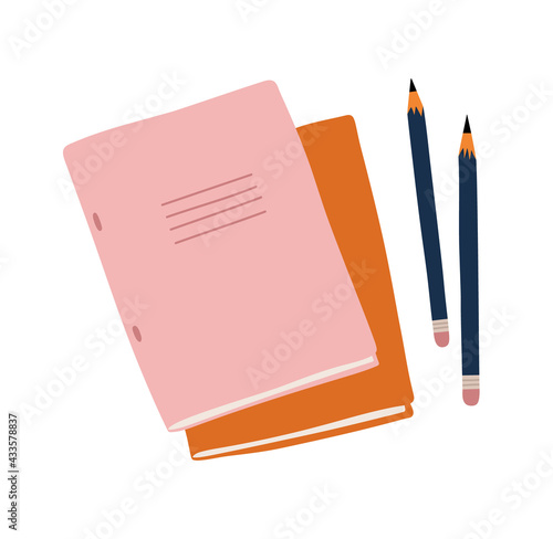 Vector illustration of two notebooks and two pencils, isolated on white. Hand-drawn set in flat style. The concept of objects for learning, office supplies, drawing.