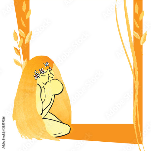 Postcard, banner. Mother's Day, March 8, birthday. The mother embraces the child. Orange, beige colors. Without an inscription. Drawing on a white background. Positive and good mood. Warmth, love. Ret