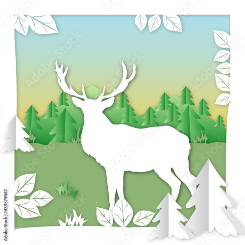 Card with deer (paper cut out effect) on a background of nature, illustration.