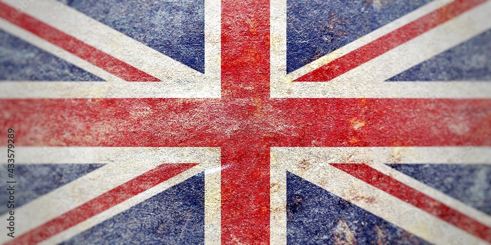 Fototapeta premium Blurred aged faded UK flag banner on rusty mottled iron background, abstract British politics concept
