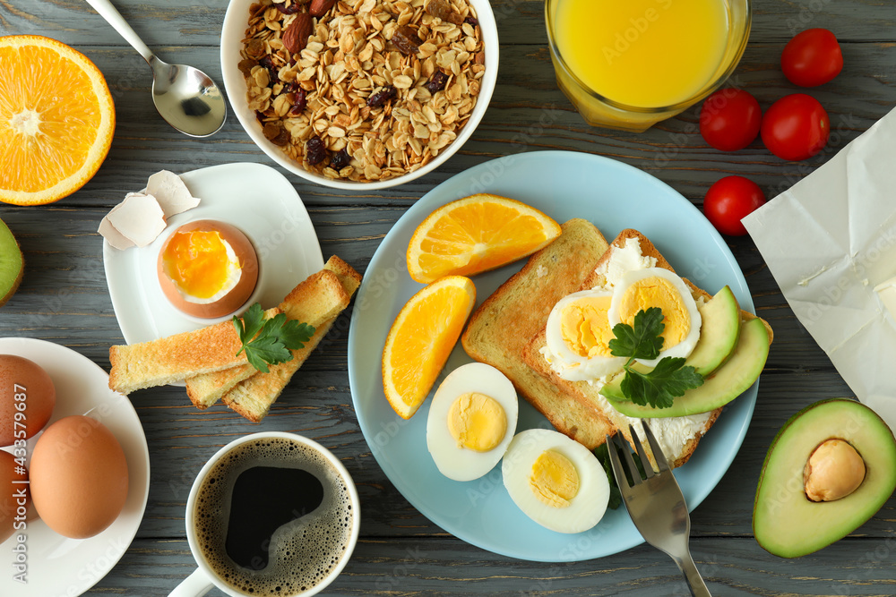 Concept of tasty breakfast on wooden background, top view Concept of tasty breakfast on wooden background, top view