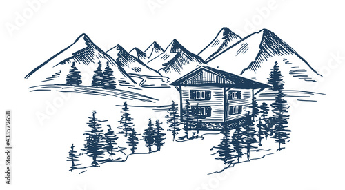 Mountain landscape, vector illustration, sketch style.	
