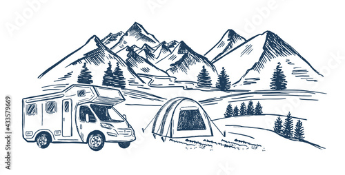 Camping in nature, motor home, Mountain landscape, hand drawn style, vector illustrations.