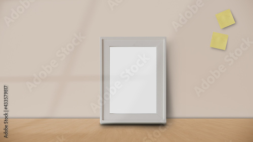 Frame or Poster mock up in living room and with postit with window shadow on pastel wall background