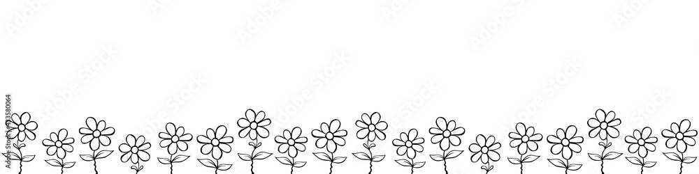 Row of contour flowers in cartoon doodle. Vector hand drawn spring background isolated. Horizontal bottom edging, border, decoration for greeting card, invitation, Valentine's, Women's or Mother day