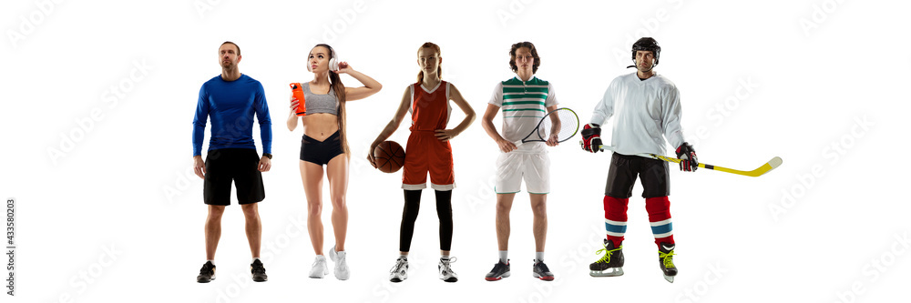 Collage of different professional sportsmen, fit people in action and motion isolated on white background. Flyer. Collage of different professional sportsmen, fit people in action and motion isolated on white background. Flyer.