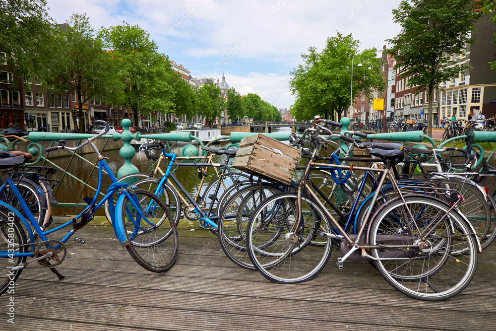 Group of bicycles on a street in Amsterdam