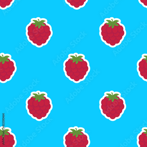 Fototapeta Naklejka Na Ścianę i Meble -  Seamless vector pattern with raspberries on a blue background. Suitable for the design of textile fabric, wrapping paper, and wallpaper for websites. Vector illustration.