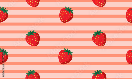 Seamless vector pattern with strawberry on striped background. Suitable for the design of textile fabric, wrapping paper, and wallpaper for websites. Vector illustration.