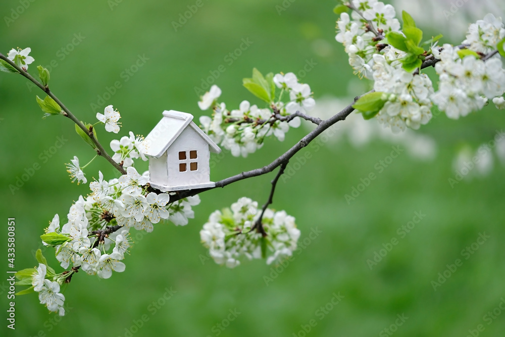 cherry flowers and toy house. spring natural background. concept of mortgage, construction, rental, family and property. 
