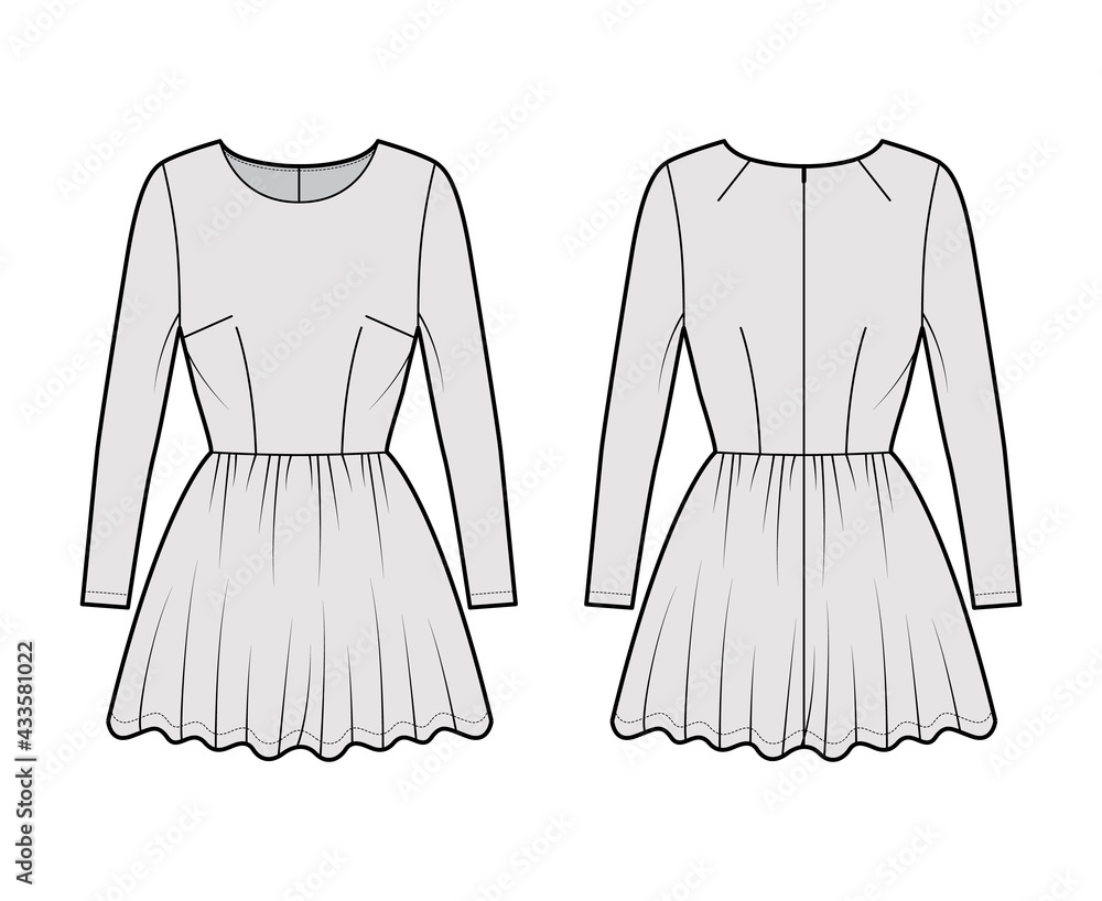 Obraz premium Dress short technical fashion illustration with long sleeve, fitted body, mini length full skirt. Flat apparel front, back, grey color style. Women, men unisex CAD mockup