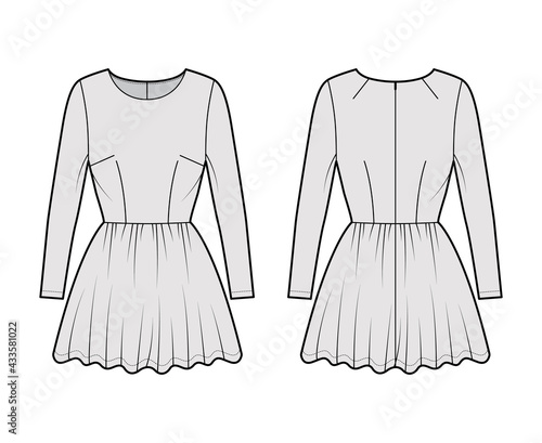 Dress short technical fashion illustration with long sleeve, fitted body, mini length full skirt. Flat apparel front, back, grey color style. Women, men unisex CAD mockup