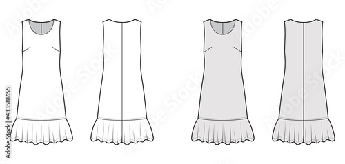 Dress dropped waist technical fashion illustration with sleeveless, oversized body, knee length skirt, round neck. Flat apparel front, back, white, grey color style. Women, men unisex CAD mockup