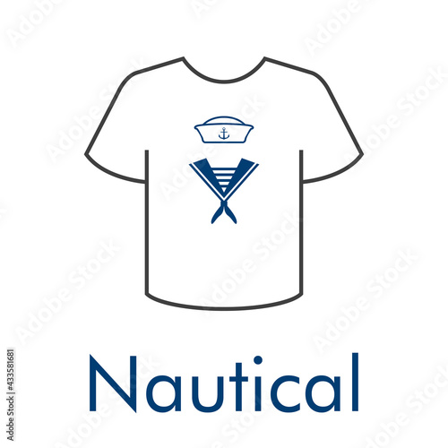 Logotipo con texto Nautical y silueta de uniforme de marinero en camiseta en color azul	y gris