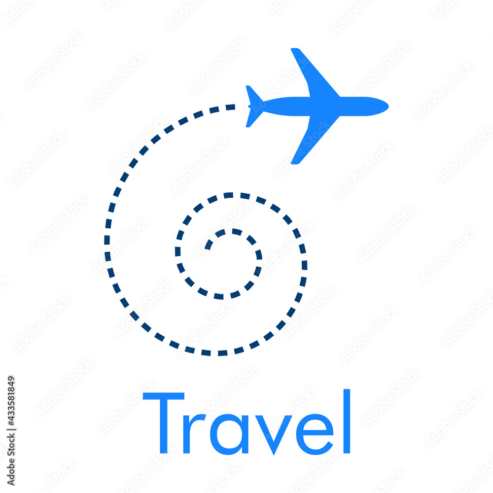 Logotipo con texto Travel y silueta de avión con trayectoria con forma de espiral en color azul Logotipo con texto Travel y silueta de avión con trayectoria con forma de espiral en color azul