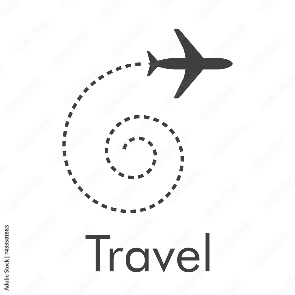 Logotipo con texto Travel y silueta de avión con trayectoria con forma de espiral en color gris Logotipo con texto Travel y silueta de avión con trayectoria con forma de espiral en color gris