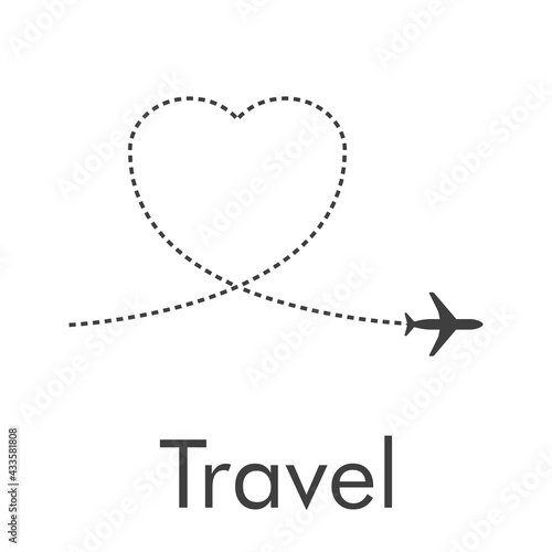 Logotipo con texto Travel y silueta de avión con trayectoria con forma de corazón en color gris