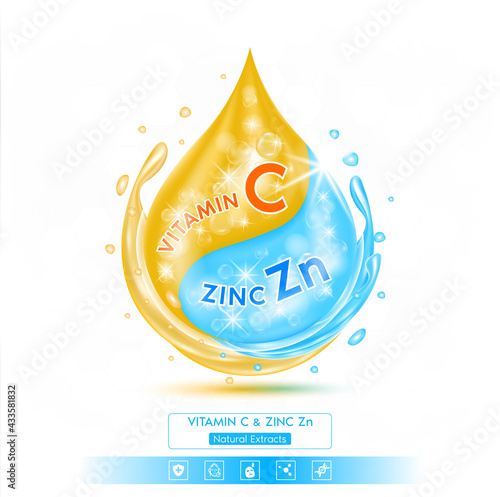 Drop blue zinc Zn solution serum and orange vitamin C. On white background. Hyaluronic acid skin care ad. 3D Realistic Vector EPS10.