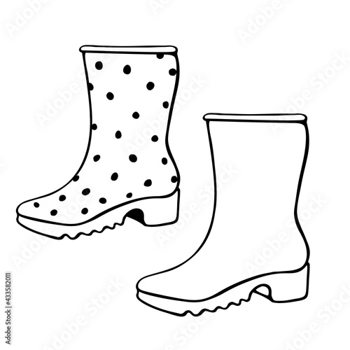 Vector outline polka dot rubber rain boots for rainy weather or gardening. Hand drawn element of clothes, clip art in doodle style, isolated