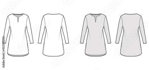 Dress tunic technical fashion illustration with long sleeves, oversized body, mini length skirt, slashed neck. Flat apparel front, back, white, grey color style. Women, men unisex CAD mockup